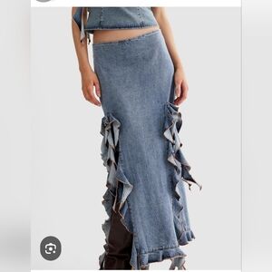 Denim Ruffle Maxi Skirt - Blue Sz XL